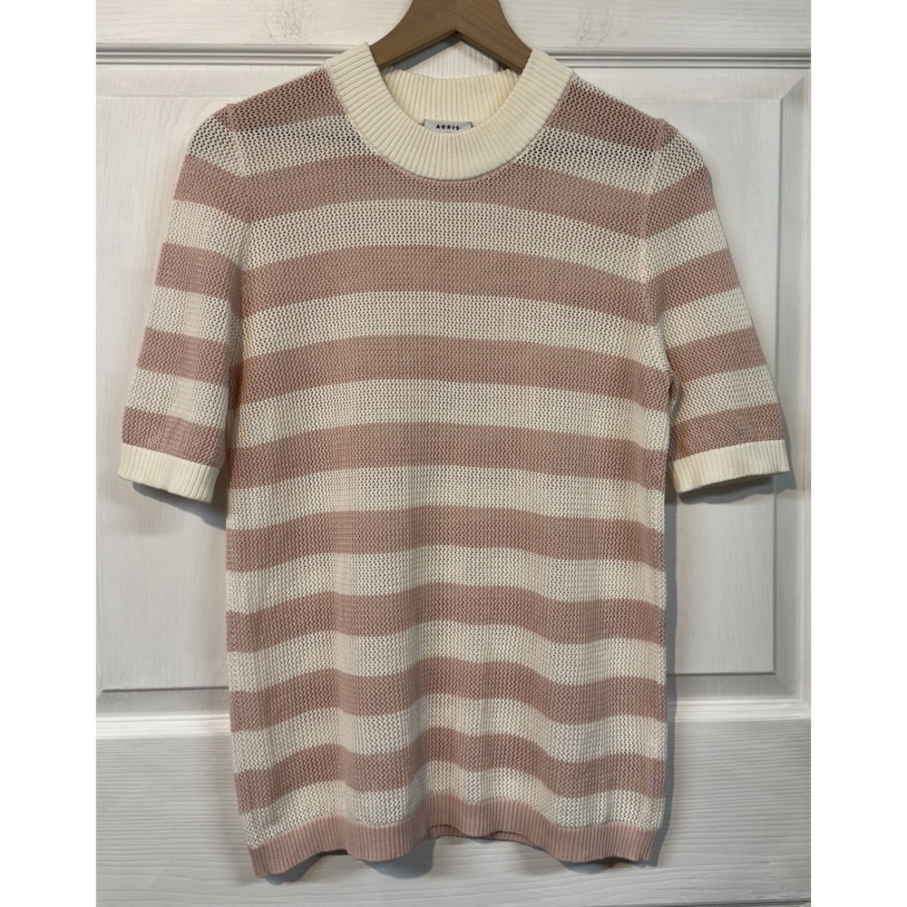 Akris Punto Striped Pink White Crochet Knit Sweater Women Size 10